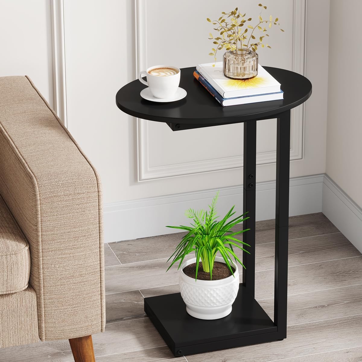 Minimalist solid wood C-shaped side table for compact living spaces