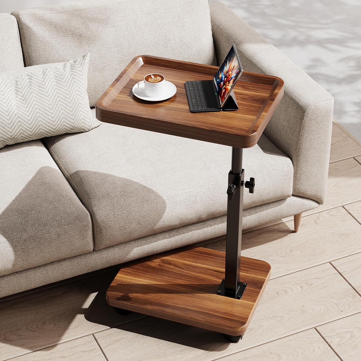 Swiveling, height-adjustable side table on wheels for home use